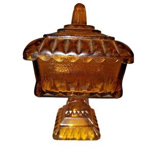 Jeannette Glass Amber Covered Wedding Bowl Compote Candy Dish USA 6.0" Tall